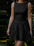Bonnyshow  Elegant Sleeveless Bow Pleated Mini Dress For Women Spring 2025 Featuring Hip Hugging Slim Fit Backless Party Vestidos