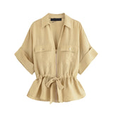 Bonnyshow  Women Adjustable Drawstring Waist Safari Shirt Short Sleeve Lapel Collar With   Pockets Loose Blouse Streetwear Lady Shirts