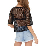 Bonnyshow Fashion Women' Oversized T-shirt Solid Black White Fishnet Crop Top Sexy See Through Summer Woman Clothing Tees T Shirts