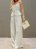 Bonnyshow  Women Spaghetti strap Floor-length Suits Single Breasted Bandage Waist Backless Loose Long Pants Sets 2025 Spring Fashion New