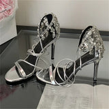 Bonnyshow  Summer Sexy Design Crystal Diamond Tassel Women Sandals Thin Heels Ankle Lace-up Narrow Band Prom Shoes Zapatos Mujer