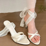 Bonnyshow  Lace Pointed Toe Women Heeled Sandals Stilettos Shoes Woman Slippers Slingback 2025 Fashion Summer Sexy Dress Pumps Zapatillas