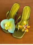 Bonnyshow  Flowers Decor Women's Flip Flops Summer Elegant Party Wedding Thin Heels Sandals Casual Streewear Satin Ladies Shoes New 2025
