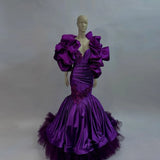 Bonnyshow Real Image Dark Purple Mermaid African Evening Dresses With Handmade Flower Details Puffy Sleeves Nigerian Long Evening Gowns