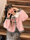 Bonnyshow Skirts And Jackets Women Vintage Plaid Kawaii Elegant Party Female Bow Korean Dress Autumn Winter Two Piece Set