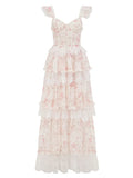 Bonnyshow  Romantic Floral Print Maxi Dress Ruffle Trim Lace Detail Tiered Long Pretty Pink For Women Sleeveless Summer TH9769