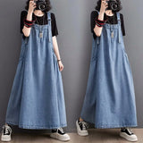 Bonnyshow  Spring Summer Women Denim Suspender Long Skirt Loose Casual Punk Vintage Style Cargo Female Popular Large Swing Dress Z691