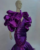 Bonnyshow Real Image Dark Purple Mermaid African Evening Dresses With Handmade Flower Details Puffy Sleeves Nigerian Long Evening Gowns