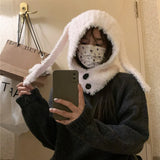 Bonnyshow Y2K Rabbit Ears Plush Hat for Women Winter Warm Fluffy Fur Balaclava Cap Solid Color Lady Girls Ear Protection Beanie Caps 바라클라바