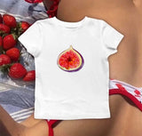 Bonnyshow  New Women T-Shirt Y2k Crop Tops Fig Print Graphic Summer Korean Fashion Harajuku Streetwear Short Sleeve Sweet Slim Tees EMO