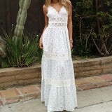 Bonnyshow  Women Lace Patchwork Maxi Dress Backless Boho Floral Long Dress Spaghetti Strap V Neck Low Cut Flowy Sunderss