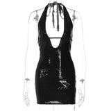 Bonnyshow Black Mini Sequin Dress for Women Sexy Halter Backless Bodycon Dresses Sleeveless Deep V-neck Short Club Christmas Dress