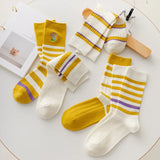 Bonnyshow 5Pairs/Set Cute Flower Striped Women Socks Autumn Winter Cotton Middle Tube Sock Female Girls Yellow Series Casual Sport Socks