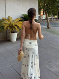 Bonnyshow  Floral Print Backless Lace-up Halter Dress Women Elegant Off Shoulder Sleeveless Pleated Long Dresses Summer New Party Club Robe
