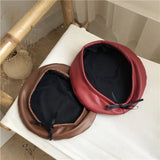 Bonnyshow Vintage PU Leather Beret Hat Women Autumn Winter Warm Octagonal Cap Elegant Solid Color Female Lady Painters Caps