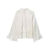 Bonnyshow  Women's Ruffled Long Sleeve Tops Elegant Round Collar Loose Blouse Decorative Layered Shirts Summer Beach Party Street Wear