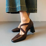 Bonnyshow  Retro Simple Cross Elastic High-heels Women Shoes Temperament Versatile Pumps Shoes Solid Color Square Head Women Shoes
