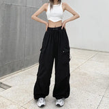 Bonnyshow Women Casual Tech Pants Drawstring Black Low Waist Wide Leg Trousers Oversized Sweatpant Baggy Joggers Y2k Streetwear Cargo Pant