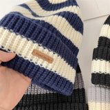 Bonnyshow Korean Stripe Beanie Cap for Women Winter Thick Thread Needle Knitted Hat Vintage Hip Hop Female Slouchy Hats