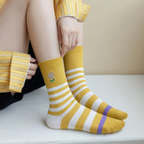 Bonnyshow 5Pairs/Set Cute Flower Striped Women Socks Autumn Winter Cotton Middle Tube Sock Female Girls Yellow Series Casual Sport Socks