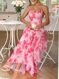 Bonnyshow  Summer Casual Vacation Style Suspender Dress Bohemian Print Cake Dresses Sleeveless Beach Long Dress Women's Vestidos