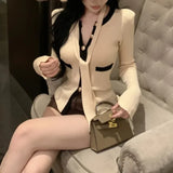 Bonnyshow Korean Single-breasted Tie Casual Long-sleeved Cardigan Women 2025 Spring New High Street Contrast Color Patchwork Knitted Tops