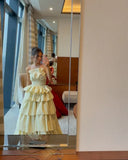 Bonnyshow Pretty Light Yellow Layered Long Prom Dresses Strapless Lace Up Black A-line Modest Formal Party Gowns