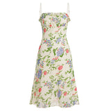 Bonnyshow  Elegant Charming Floral Print Spaghetti Strap Dress French Style Prairie Chic Ruffles Trim Knee Length Dresses Retro