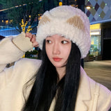 Bonnyshow Cute Cat Ears Beanie Hats for Women Autumn Winter Warm Plush Knitted Cap Cartoon Thick Faux Fur Female Cycling Hats