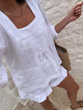 Bonnyshow  Cotton Lined Women 's Shorts Suit Solid Square Collar Full Sleeve Shirts Elastic Waist Short Pants Female Sets Summer Beachwears