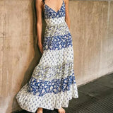 Bonnyshow  Vintage Patchwork Floral Print Sling Dresses Women Sexy  Backless V Neck A-line Midi Summer Dress Casual Holiday Vestidos