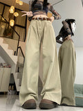 Bonnyshow Y2K Vintage Khaki Baggy Jeans Women Korean Style Basic Denim Pants Female Oversized Harajuku Retro Wide Leg Trousers