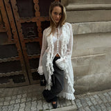 Bonnyshow new autumn and winter women's French fashion pure lust sexy see-through lace loose dress