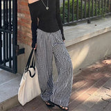 Bonnyshow Vintage Baggy Plaid Pants Woman Y2k Casual Sports Korean Fashion Wide Leg Trousers Jogging Harajuku High Waist Pantalones