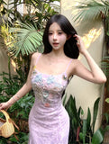 Bonnyshow  Women's Purple/Apricot Casual Flower Long Dress Sleeveless French Elegant Aesthetic 2000s Party A-line Dress Clothing 2025