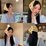 Bonnyshow Korean Ins Knitted Triangular Hair Scarf Women Sweet Flower Headscarf Crochet Handmade Headwrap Hair Accessories