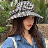 Bonnyshow Japanese Plaid Bucket Hat Summer UV Sunscreen Beach Hat Female Ins Bow Knot Big Brim Fisherman's Hat Beach Accessories