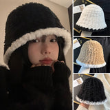 Bonnyshow Winter Plush Bucket Hat for Women Thicken Warm Faux Fur Fisherman Cap Korean Solid Color Wide-brim Female Basin Hats