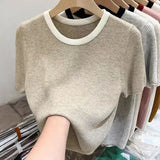 Bonnyshow  Spring Summer New Short-sleeved Women Sweaters O-neck Slim Pullover Knitted Sweater Casual Clothes Pullovers Thin Knit Tops