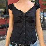 Bonnyshow  Preppy Button Down Blouse Tops Y2k Vintage Cap Sleeve Women T-shirt 00s Fairy Frill V Neck Crop Tops Milkmaid Vest