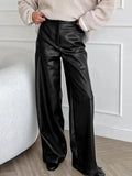 Bonnyshow Autumn New Black Retro Matte PU Leather Pants Women's Stylish High Waisted Trousers Office Lady Versatile Long Pants