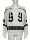 Bonnyshow  Oversized Number Pattern Sweater for Women's O-neck See Through Tops Hollow Out Knitte Long Sleeve Loose Pullovers Y2K