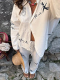 Bonnyshow  Embroidery Women 's Pant Suit Printed  Laple Single Breasted Full Sleeve Shirts Lace Up Wide Leg Pants Female Vacation Outfit