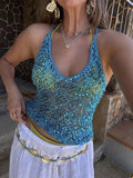 Bonnyshow  Women Sequin Halter Top Sexy Sleeveless Deep V Neck Glitter Tank Top Sparkle Backless Crop Top Summer Streetwear 2025