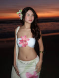 Bonnyshow  Vacation Pretty Women Two-Piece Set 3d Flowers Bandeau Mini Top+See Through Print Bottoms Beach Party Matching Suits