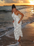 Bonnyshow  Retro Knitted Hollow Halter Beach Dress Lady Sexy Backless Sleeveless Lace Up Slim White Long Dresses Female Summer Chic Holiday