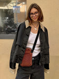Bonnyshow Splicing Corduroy Collar Women's Jacket Casual Vintage Long Sleeve Zipper Single Breasted Jackets Fashion New Autumn Women Coat