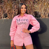 Bonnyshow Casual Solid Letter Print Long Sleeve Shirt Dress Pink Front Button Tight Waist Ruched One Piece Women Social Mini Dresses