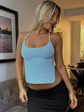 Bonnyshow  Summer Knitted Tank Top For Women Simple Sexy Backless Tie-Up U-Neck Solid Color Sleeveless Slim Vest Fashion Streetwear