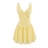 Bonnyshow  Hollow Out Embroidery Yellow Tank Dress Women V Neck Sleeveless A-line Mini Summer Dresses Holiday Party Robe